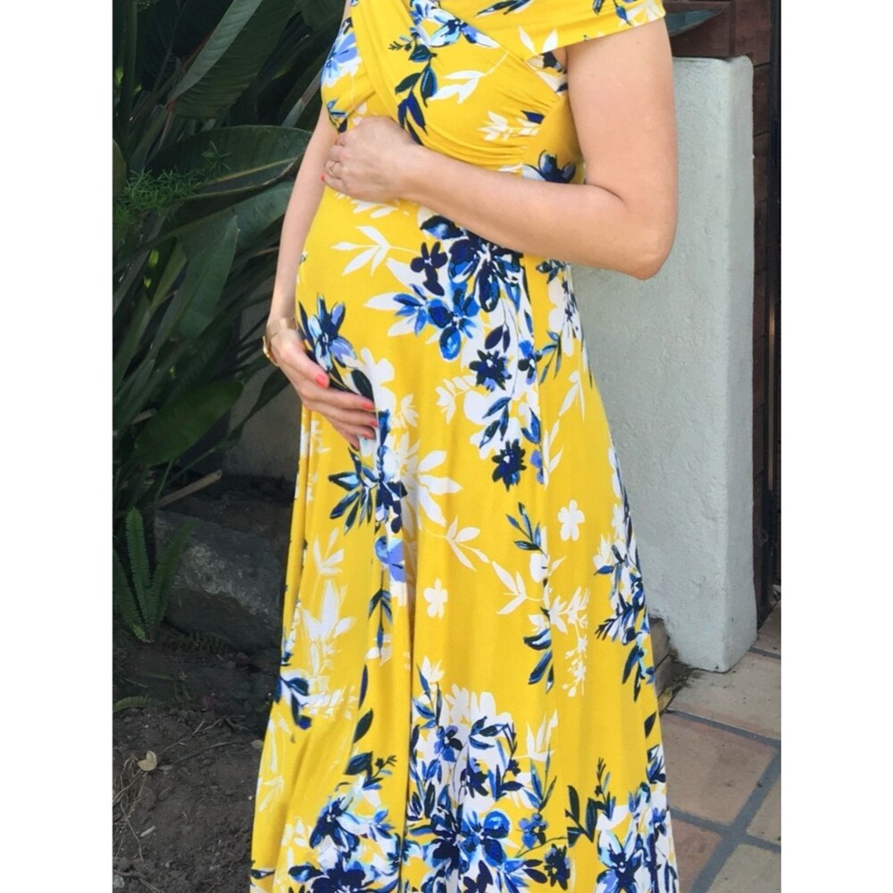 A Pea in the Pod Yellow Floral Maternity Maxi Dress w/ Blue & White Print - Sz M